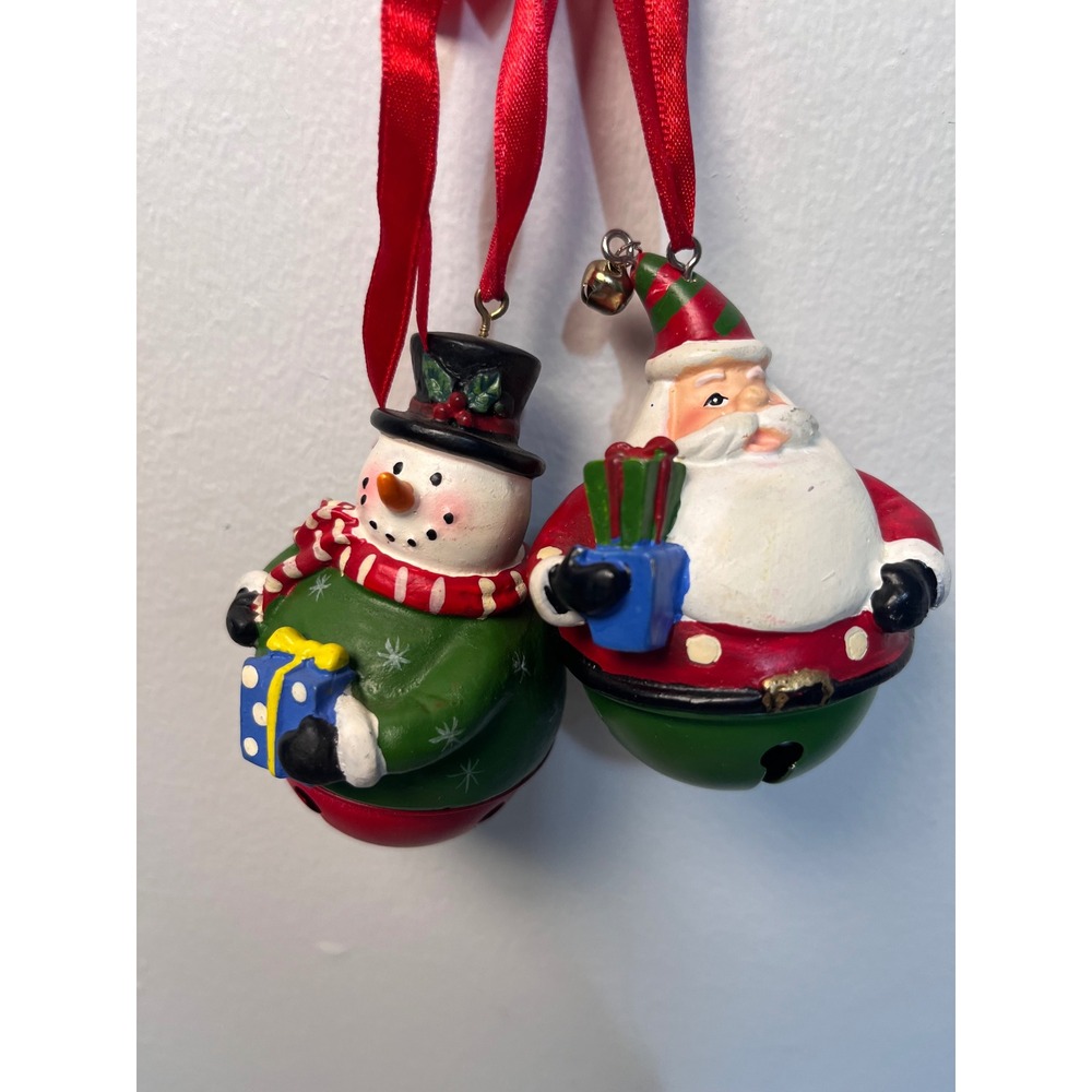 Vintage Style Santa and Snowman Jingle Bell Christmas Ornaments Set of 2